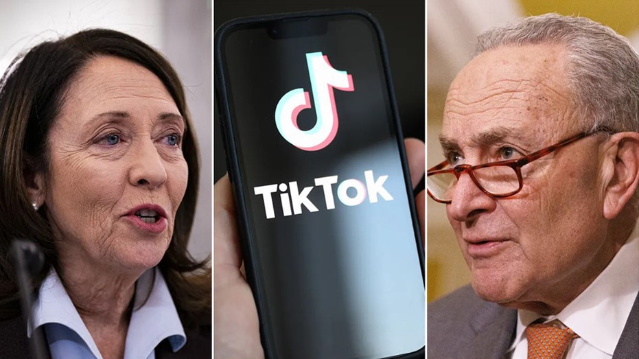 Sen. Maria Cantwell, TikTok, Sen. Chuck Schumer split image