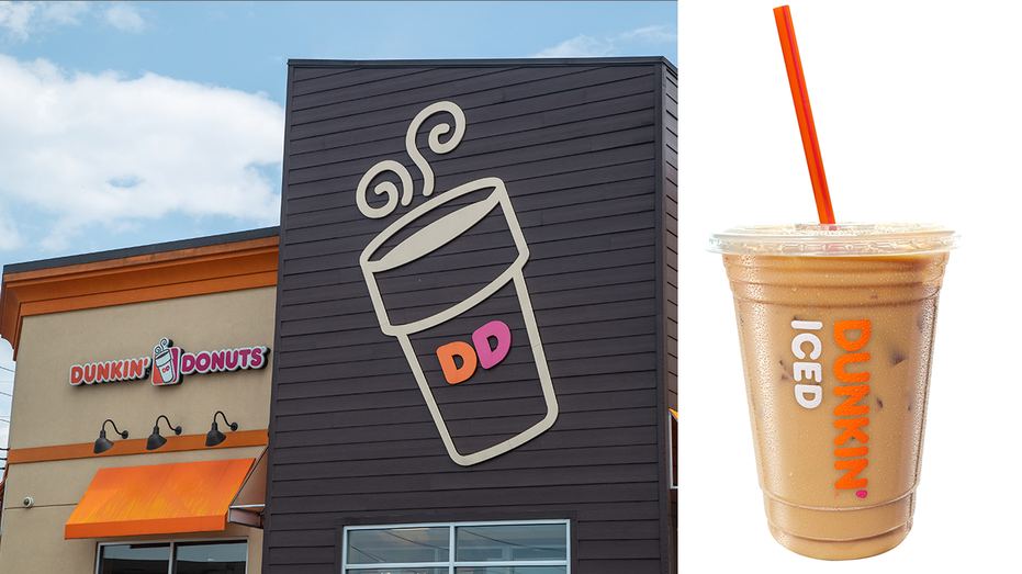 dunkin restaurant next to a small iced coffee