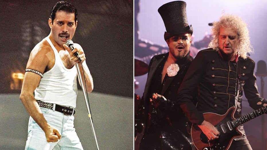 Freddy Mercury on stage split with Adam Lambert and Brian May on stage.