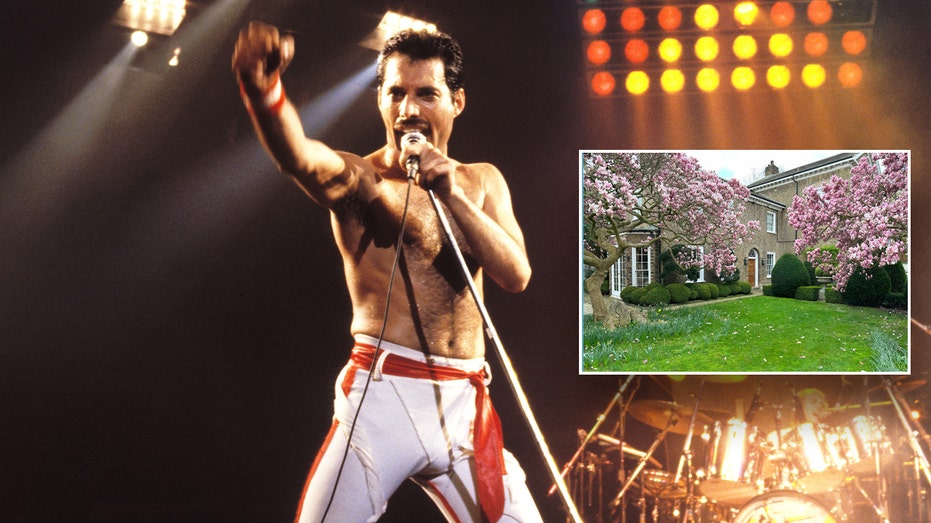 Freddy Mercury on stage with an inset of his former home.