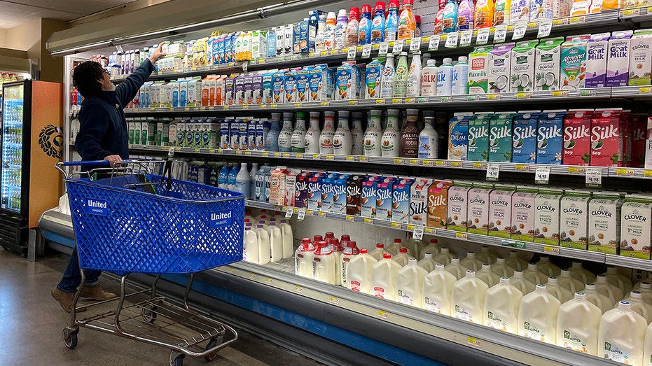 A customer shops for milk at the grocery store