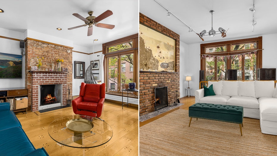 a split of two living rooms. On the left, there is a blue couch and red chair and on the right there is a white couch.