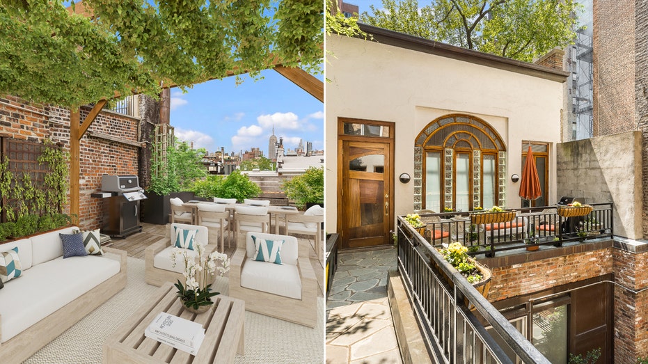 A split of two outdoor patios, one with white furniture and another narrower one.