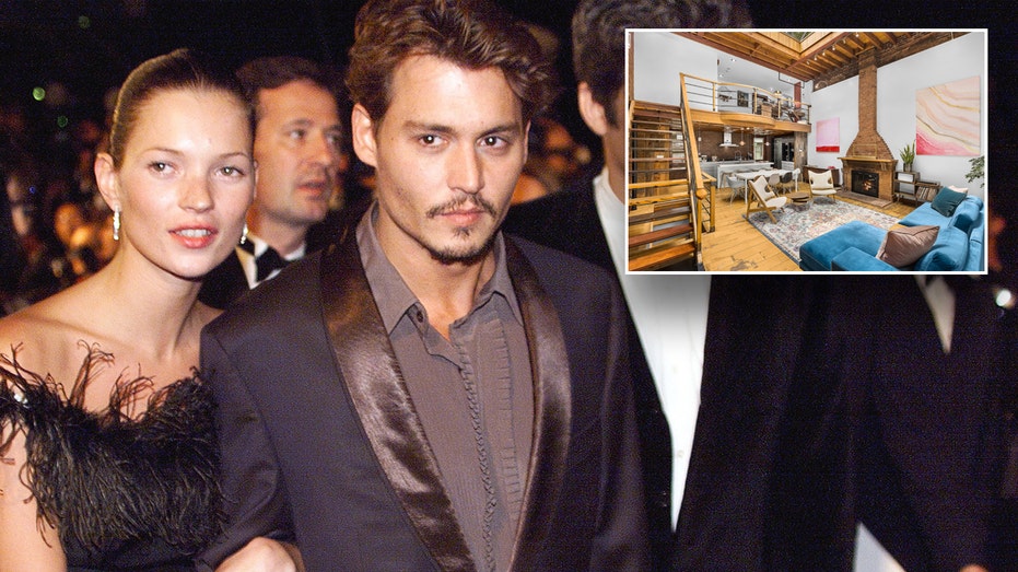 Johnny Depp and Kate Moss on the red carpet, with inset of the townhouse's living room.