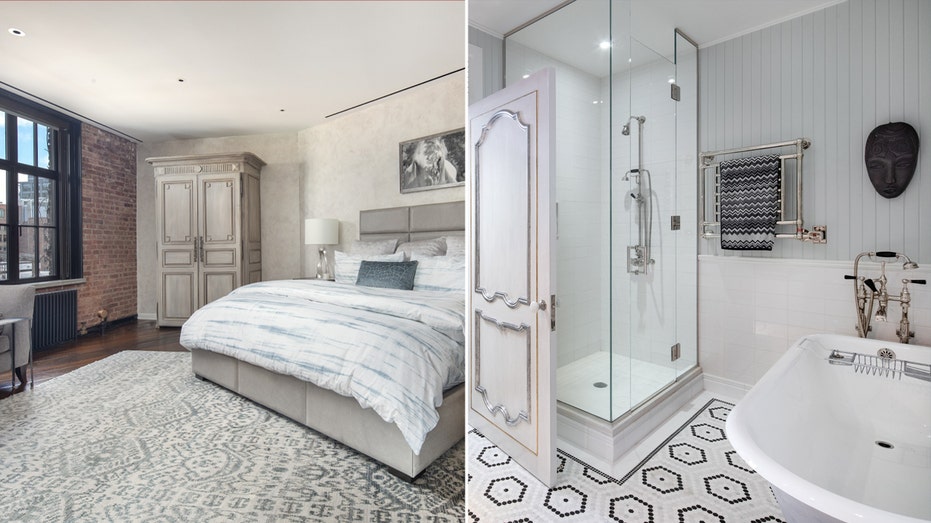 A white bathroom with a big window, and a white bathroom with a tub and a standing shower.