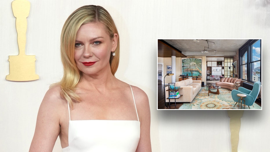 Kristen Dunst in a white dress with an inset of her apartment.