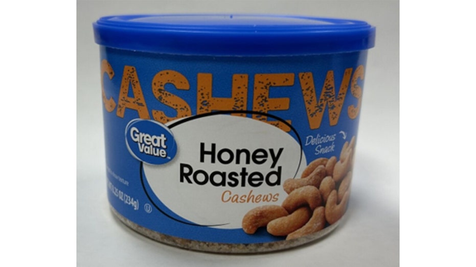Recalled container of Great Value Honey Roasted Cashews