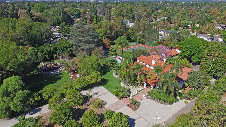 Aerial view of Richard Pryor's home with pool and tennis court 
