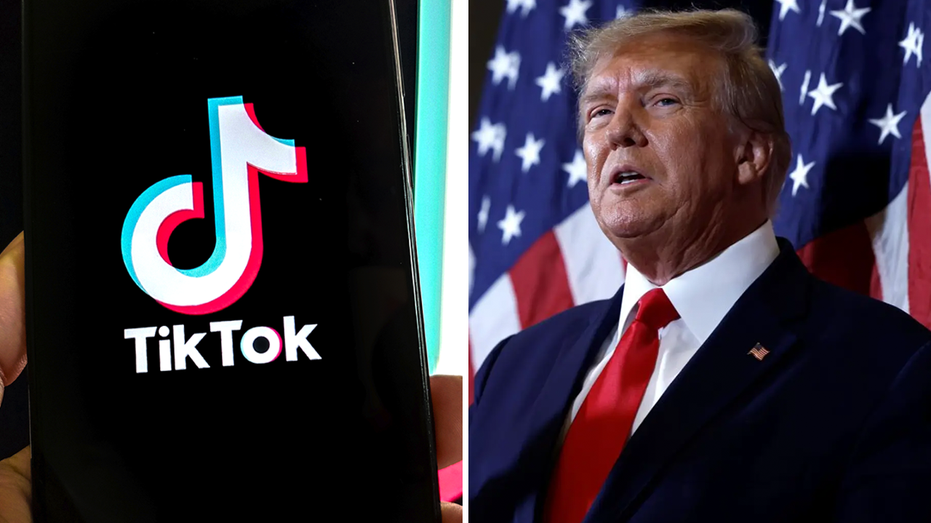 Photo of TikTok logo and Former President Trump speaking