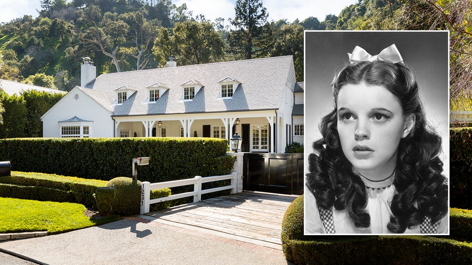 A picture of the exterior of Judy Garlands white Bel-Air home with a lot green shrubbery inset a black and white photo of Judy Garland as Dorothy in "The Wizard of Oz"