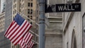 The sign for Wall Street is seen with US flags outside the New York Stock Exchange in New York on June 16, 2022.