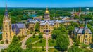 The University of Notre Dame Campus with Golden Dome, Basilica of the Sacred Heart, and Washington Hall.