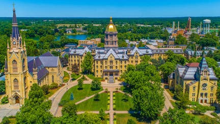 The University of Notre Dame Campus with Golden Dome, Basilica of the Sacred Heart, and Washington Hall.