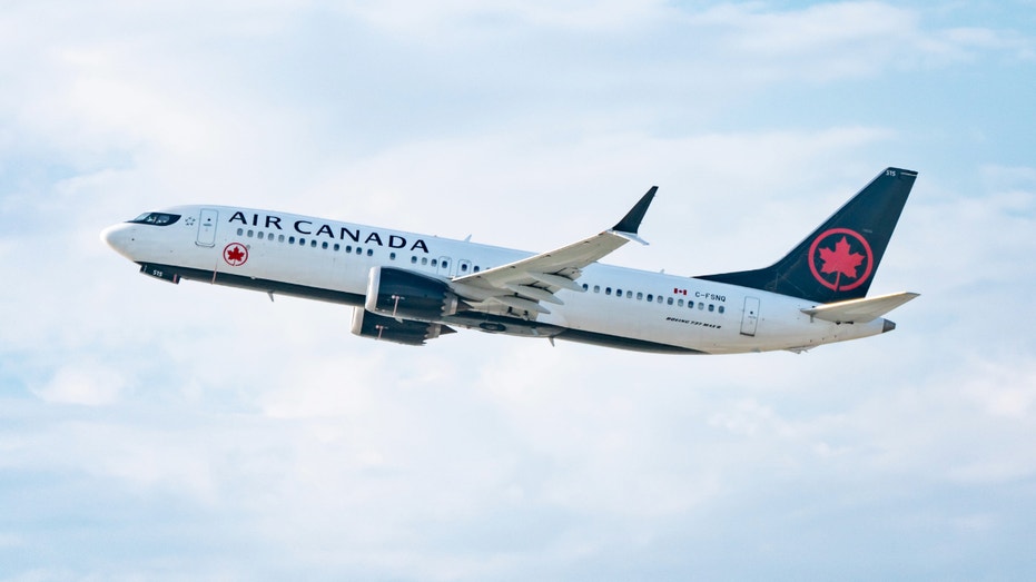 An Air Canada Boeing 737 Max 8 takes off from Los Angeles International Airport on July 30, 2022, in Los Angeles, California.