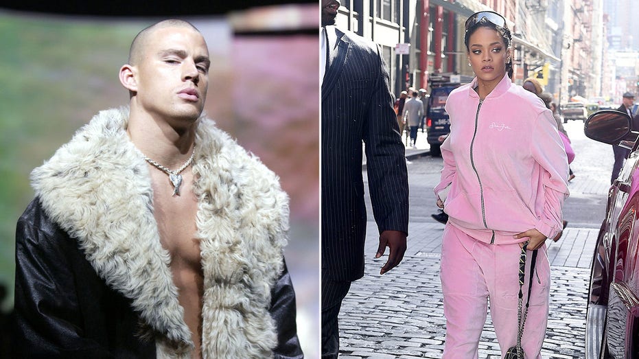 Side by side photos of Channing Tatum modeling Sean John fashion and Rihanna wearing a pink Sean John track suit