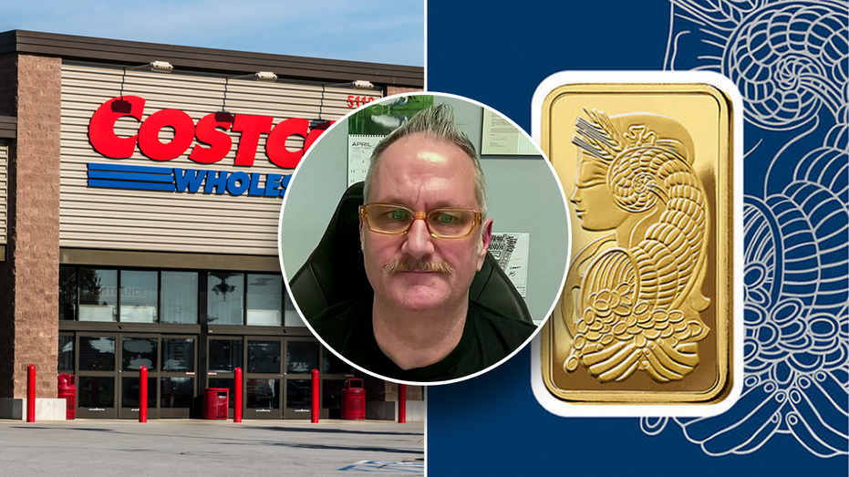 Costco sign (left) gold bar (right) gold buyer (center)