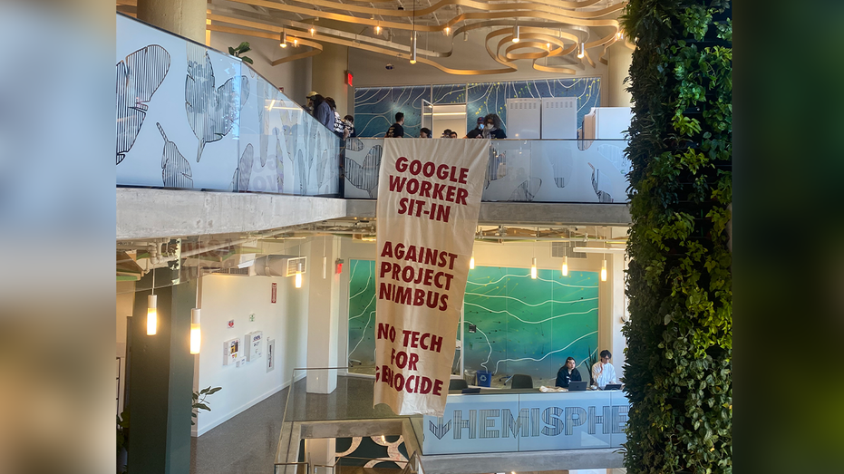 A large sign inside Google headquarters in California.