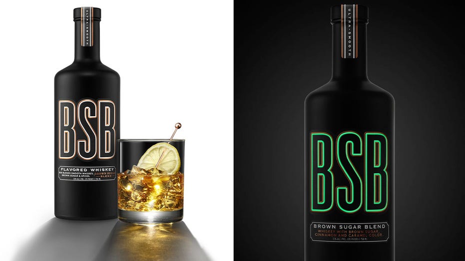 Side by side photos of BSB Whiskey bottle and drink and the bottle's glow in the dark logo