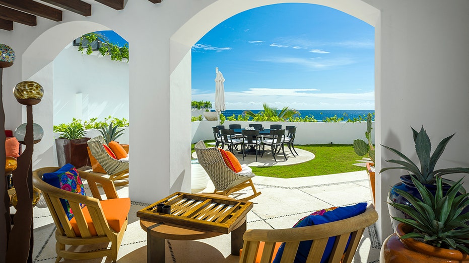 An outdoor area with colorful furniture.