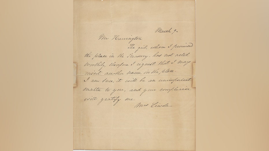 letter from Mary Todd Lincoln dated March 9