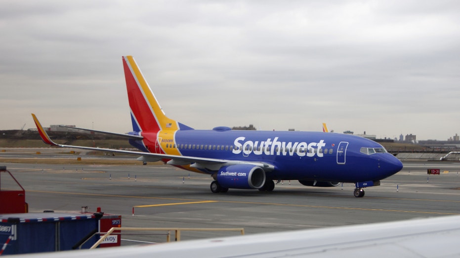 A general view of a Southwest Airlines jet photographed at LaGuardia Airport on Feb. 4, 2024, in the Queens borough of New York City.