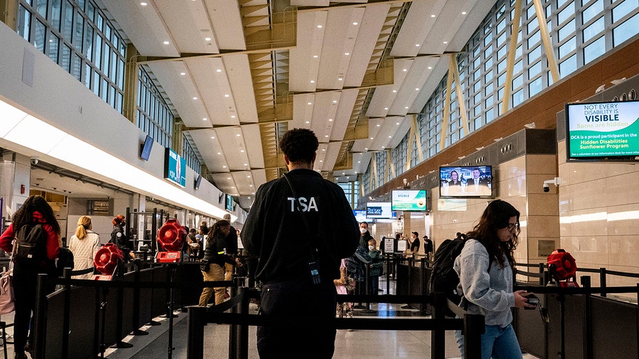 রোনাল্ড রিগান বিমানবন্দরে যাত্রীরা TSA এজেন্টদের পাশ দিয়ে হেঁটে যাচ্ছেন