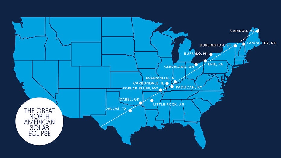 The path of totality for the solar eclipse.