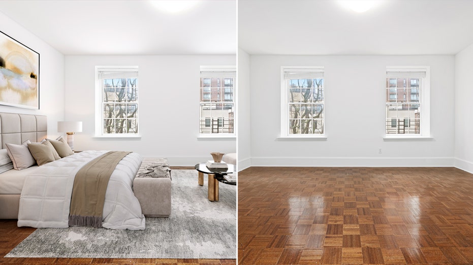 Split of full bedroom and an empty bedroom.