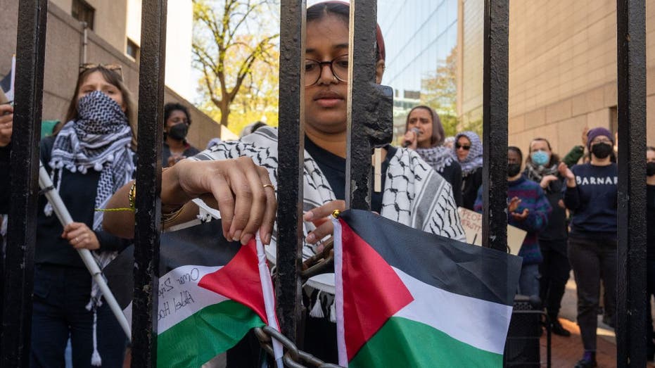 Pro-Palestinian protester at gates of Columbia University