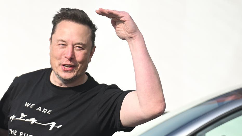 Elon Musk gestures outside Tesla plant