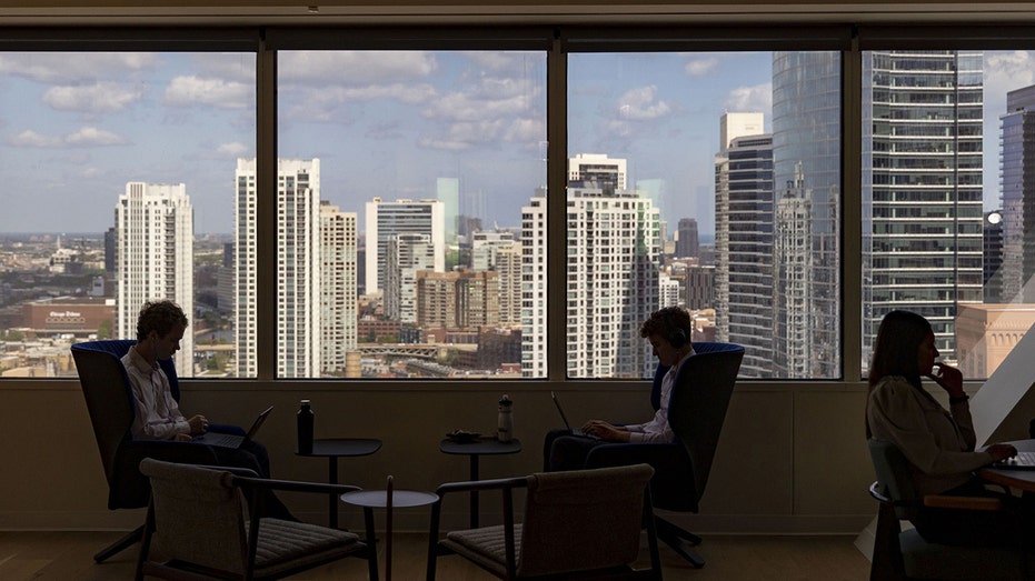 Employees working in skyline view