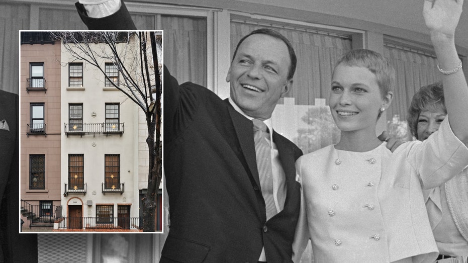 Frank Sinatra and Mia Farrow hugging, with an inset of their former townhouse.
