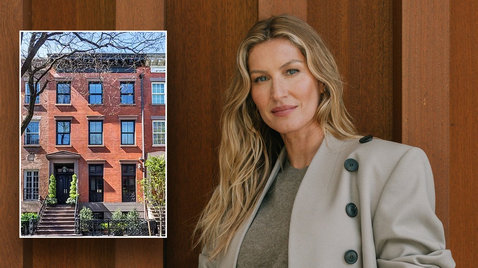 Gisele Bundchen smiling with an inset of her former townhouse.