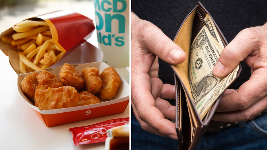 Split image of McNuggets and man opening wallet