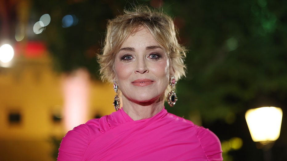 Actress Sharon Stone wears pink dress.