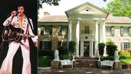 American rock singer Elvis Presley pictured, left, in 1975 wearing a white rhinestone-studded suit and strapped guitar, singing into a microphone with his eyes closed. Graceland, Memphis, right, the home of Elvis Presley.
