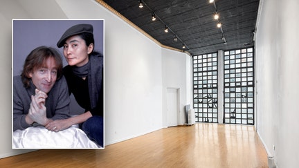 Yoko Ono and John Lennon inset, their home in the background