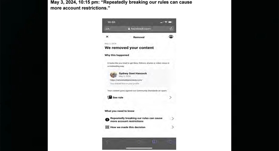 A screenshot showing Facebook allegedly removed the video