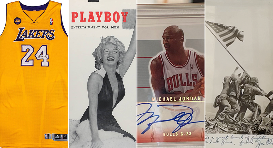 kobe bryant jersey, marilyn monroe in playboy, michael jordan card and iwo jima photograph in a split graphic