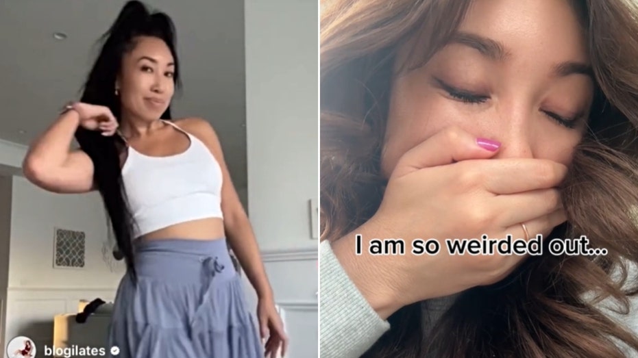 A split image of Cassey Ho wearing her Pirouette skirt and Cassey Ho's face in a TikTok video