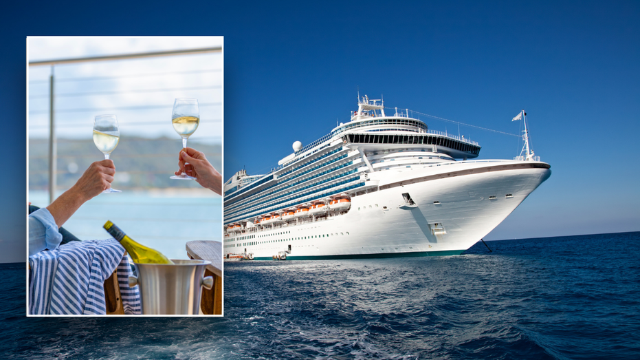 Split image of older couple toasting and cruise ship