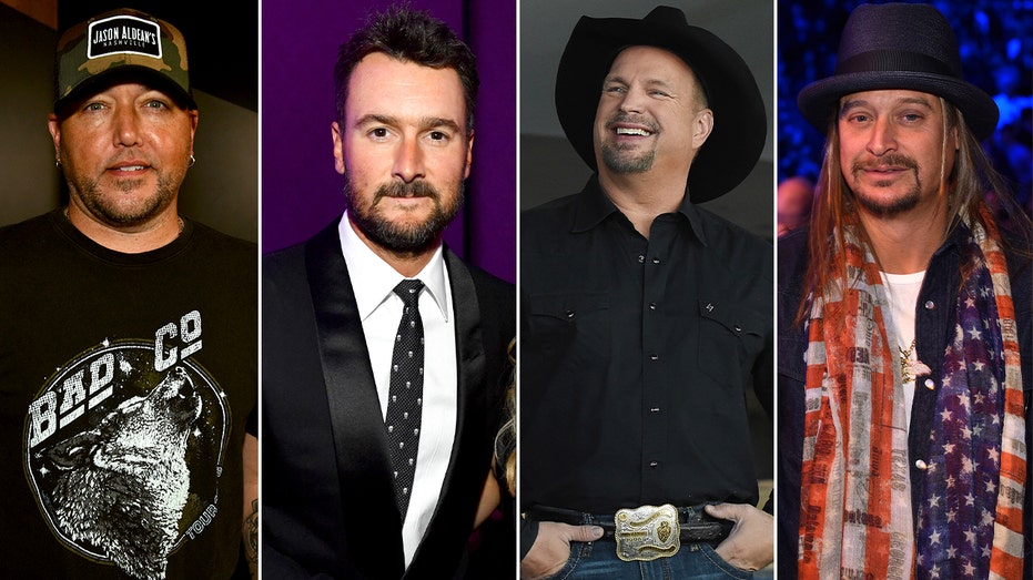 Side by side photos of Jason Aldean, Eric Church, Garth Brooks, and Kid Rock