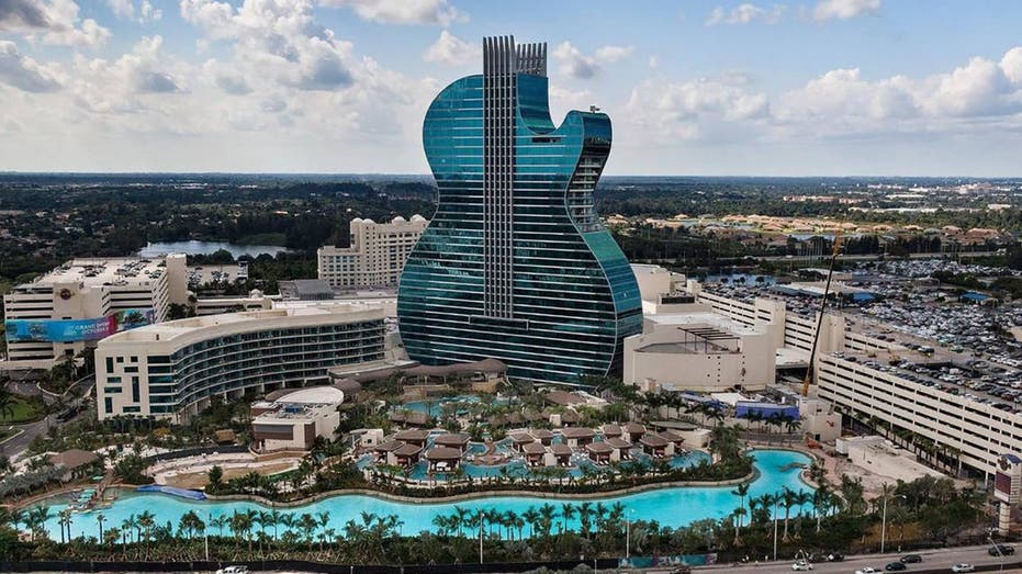 The guitar-shaped hotel tower at the Seminole Hard Rock Hotel and Casino near Hollywood, Florida. 