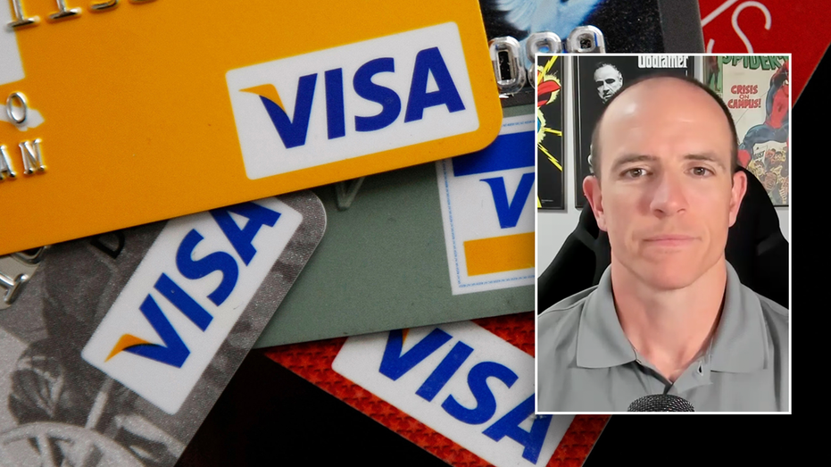 Credit Cards (background) Man looking towards camera (box)