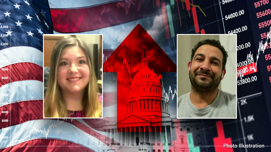 Woman (left) Man (right) Graphic with American flag, red up arrow and stock numbers