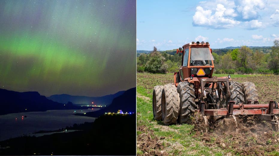 Tractor plowing and lights from solar storm
