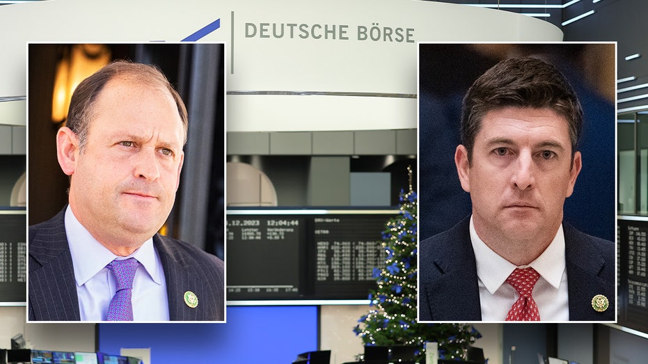 background: Deutsche Börse building; left inset Bryan Steil; right: Andy Barr