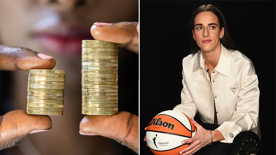 split image of a woman holding coins and caitlin clark