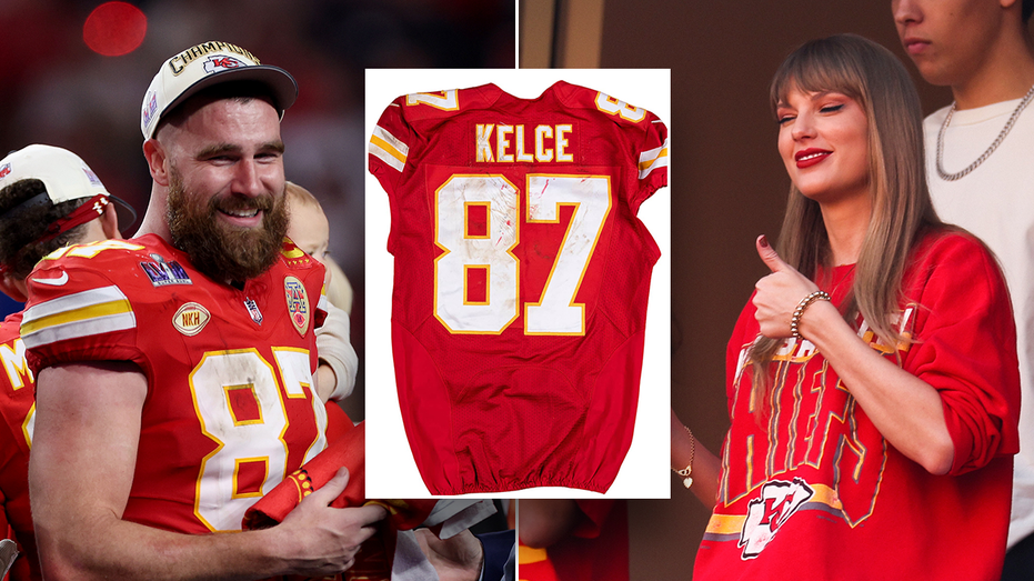 split graphic of travis kelce, taylor swift and a kelce jersey