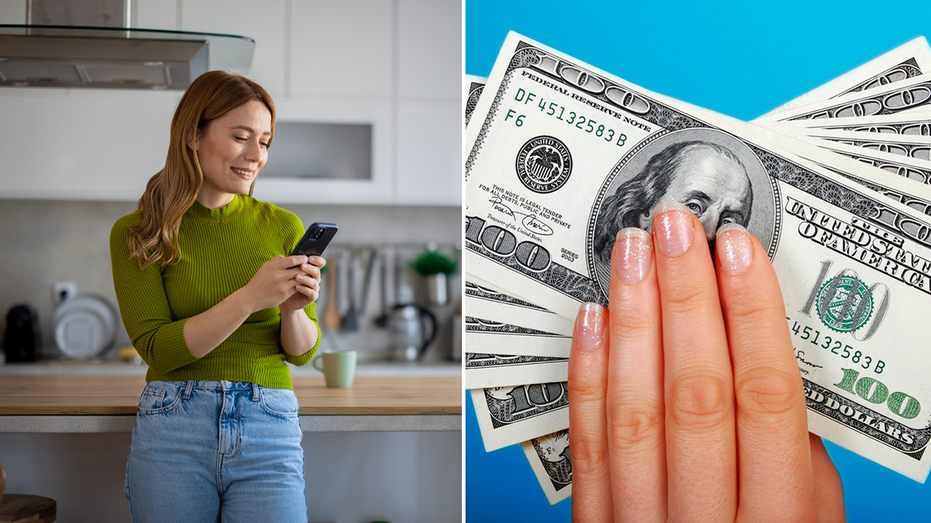 Woman on her phone and money